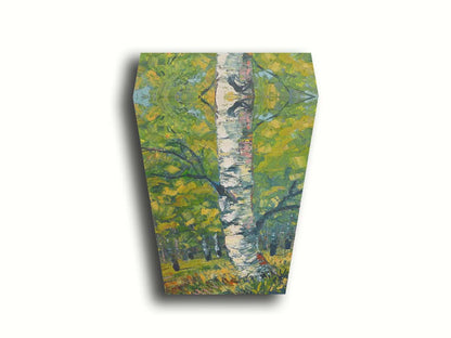 A textured painting, applied with thick brush strokes and palette knives, depicting a white birch trunk on a slight green hill. The stark white bark is contrasted by the vibrant green leaves of the rest of the birch forest in the background. Printed on canvas.