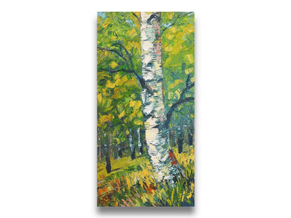 A textured painting, applied with thick brush strokes and palette knives, depicting a white birch trunk on a slight green hill. The stark white bark is contrasted by the vibrant green leaves of the rest of the birch forest in the background. Printed on canvas.