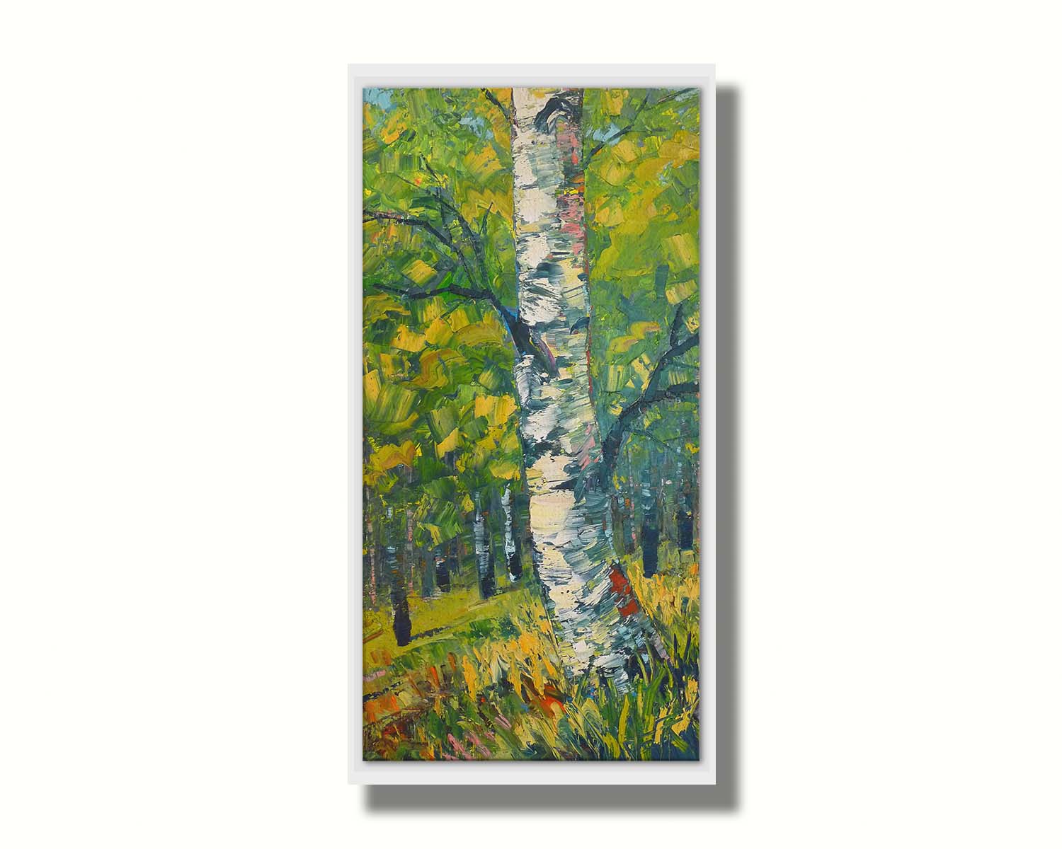 A textured painting, applied with thick brush strokes and palette knives, depicting a white birch trunk on a slight green hill. The stark white bark is contrasted by the vibrant green leaves of the rest of the birch forest in the background. Printed on canvas in a float frame.