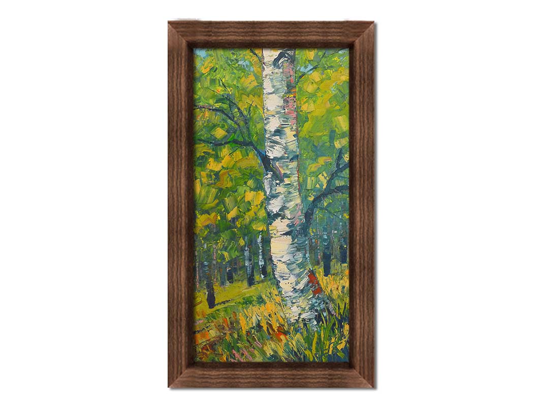 A textured painting, applied with thick brush strokes and palette knives, depicting a white birch trunk on a slight green hill. The stark white bark is contrasted by the vibrant green leaves of the rest of the birch forest in the background. Printed on canvas and framed.