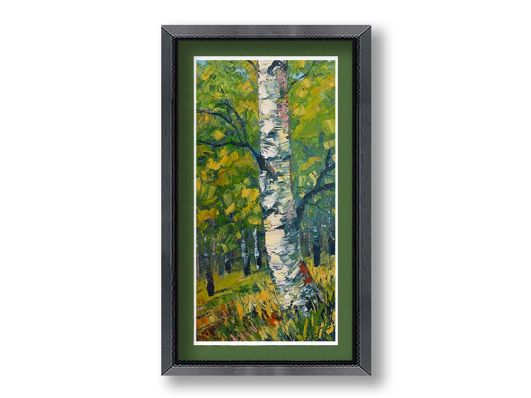 A textured painting, applied with thick brush strokes and palette knives, depicting a white birch trunk on a slight green hill. The stark white bark is contrasted by the vibrant green leaves of the rest of the birch forest in the background. Printed on paper, matted, and framed.