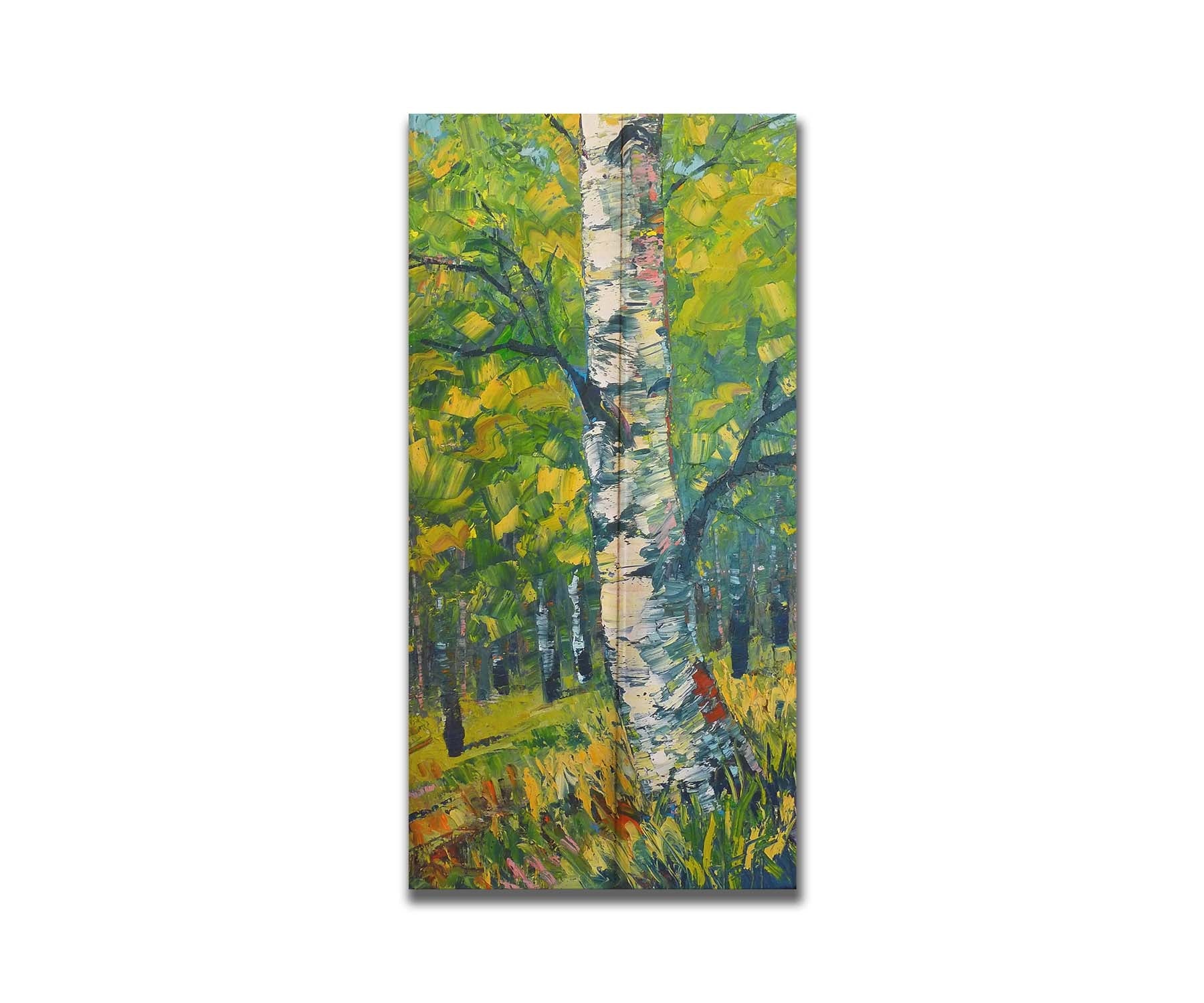 A textured painting, applied with thick brush strokes and palette knives, depicting a white birch trunk on a slight green hill. The stark white bark is contrasted by the vibrant green leaves of the rest of the birch forest in the background. Printed on a box board.