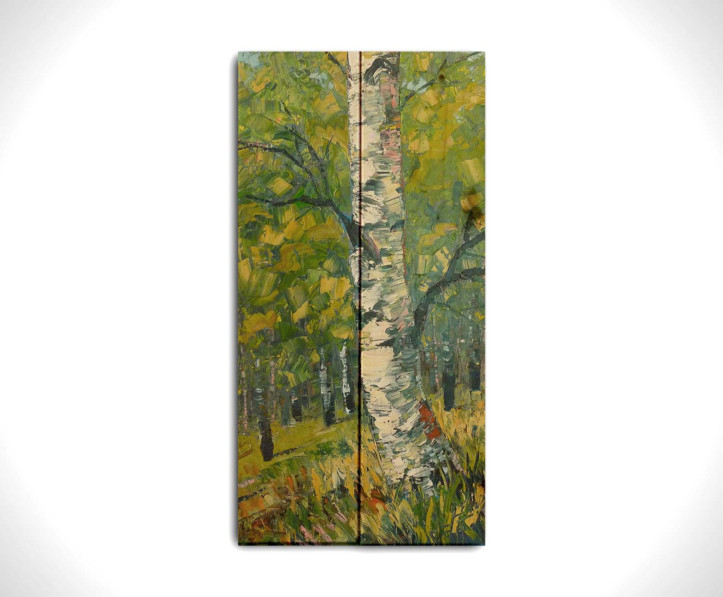 A textured painting, applied with thick brush strokes and palette knives, depicting a white birch trunk on a slight green hill. The stark white bark is contrasted by the vibrant green leaves of the rest of the birch forest in the background. Printed on a wood pallet.