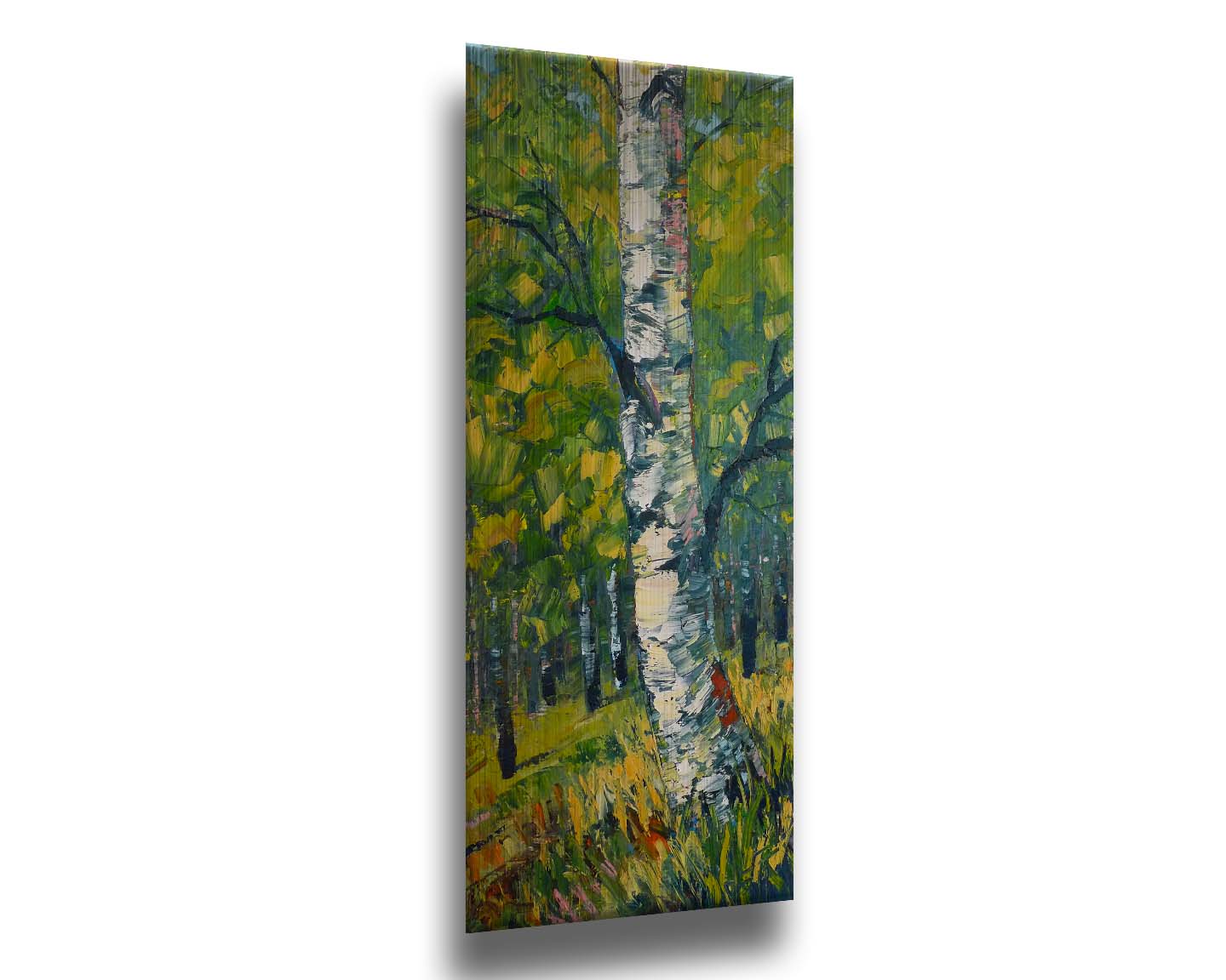 A textured painting, applied with thick brush strokes and palette knives, depicting a white birch trunk on a slight green hill. The stark white bark is contrasted by the vibrant green leaves of the rest of the birch forest in the background. Printed on metal.