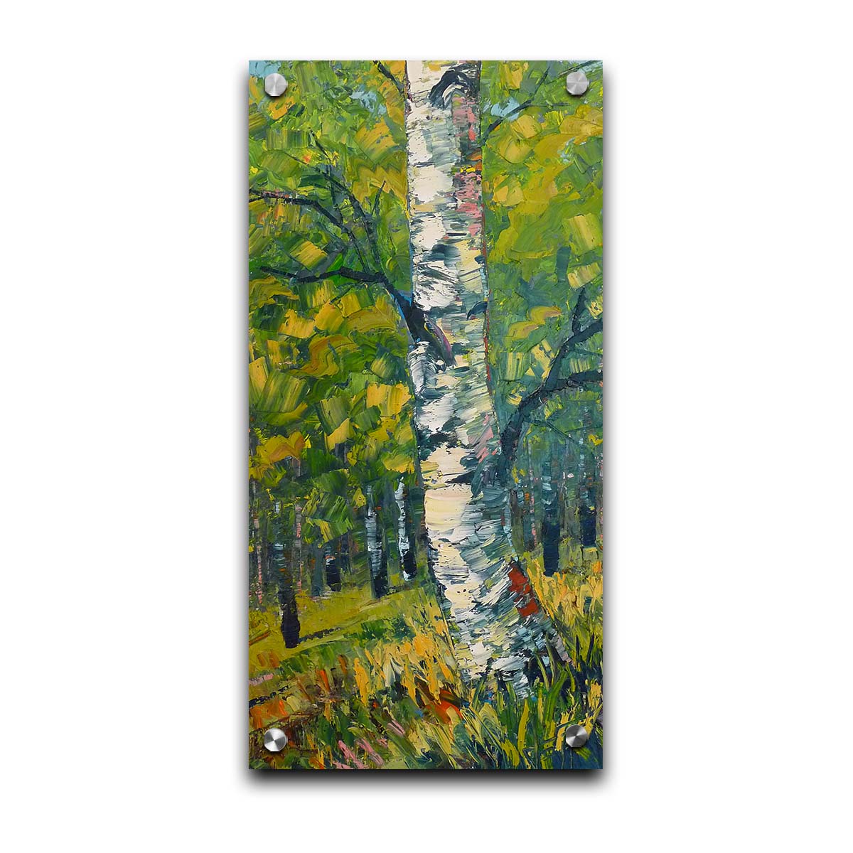 A textured painting, applied with thick brush strokes and palette knives, depicting a white birch trunk on a slight green hill. The stark white bark is contrasted by the vibrant green leaves of the rest of the birch forest in the background. Printed on acrylic.