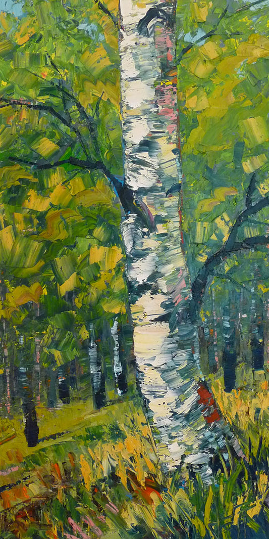 A textured painting, applied with thick brush strokes and palette knives, depicting a white birch trunk on a slight green hill. The stark white bark is contrasted by the vibrant green leaves of the rest of the birch forest in the background.