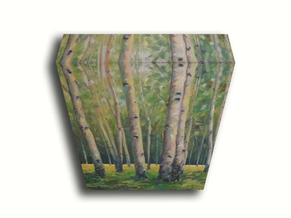 A soft painting of a green forest. Pale brown trunks scatter across the landscape, filling the space with bark and leaves. Printed on canvas.