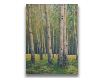 A soft painting of a green forest. Pale brown trunks scatter across the landscape, filling the space with bark and leaves. Printed on canvas.