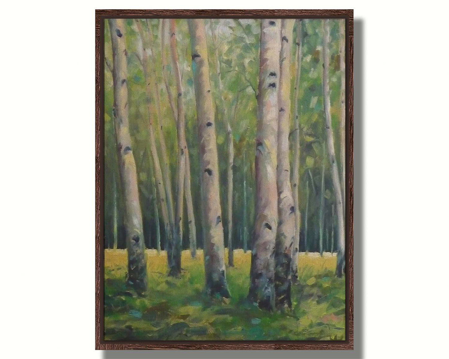 A soft painting of a green forest. Pale brown trunks scatter across the landscape, filling the space with bark and leaves. Printed on canvas in a float frame.