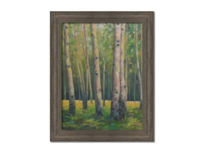 A soft painting of a green forest. Pale brown trunks scatter across the landscape, filling the space with bark and leaves. Printed on canvas and framed.