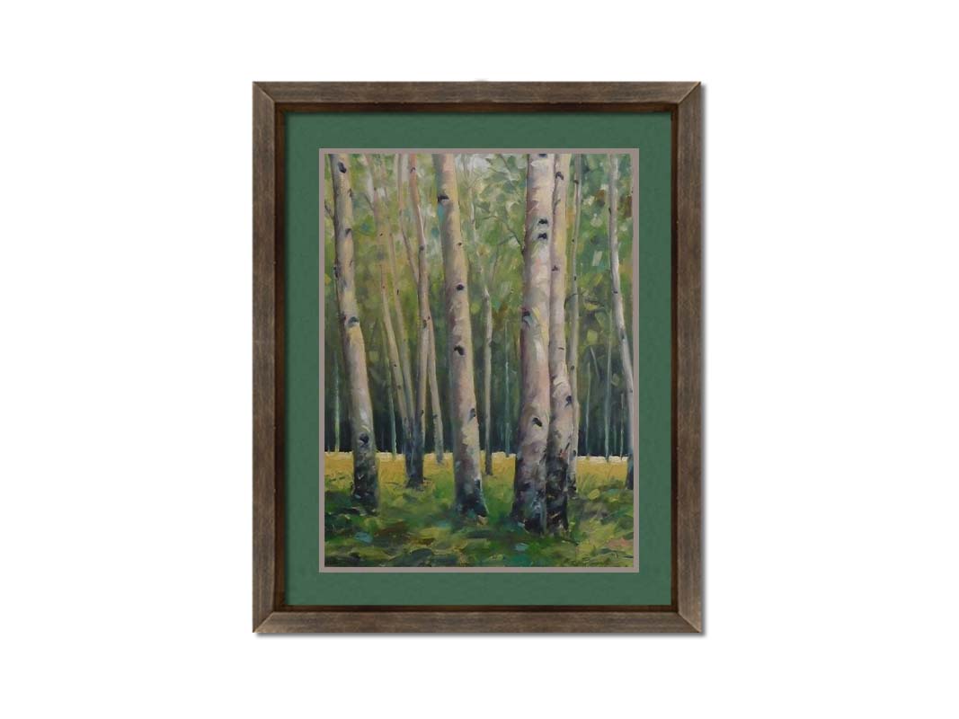 A soft painting of a green forest. Pale brown trunks scatter across the landscape, filling the space with bark and leaves. Printed on paper, matted, and framed.