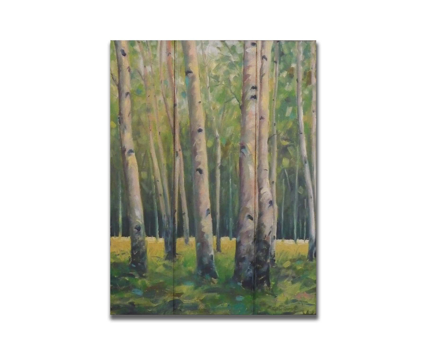 A soft painting of a green forest. Pale brown trunks scatter across the landscape, filling the space with bark and leaves. Printed on a box board.