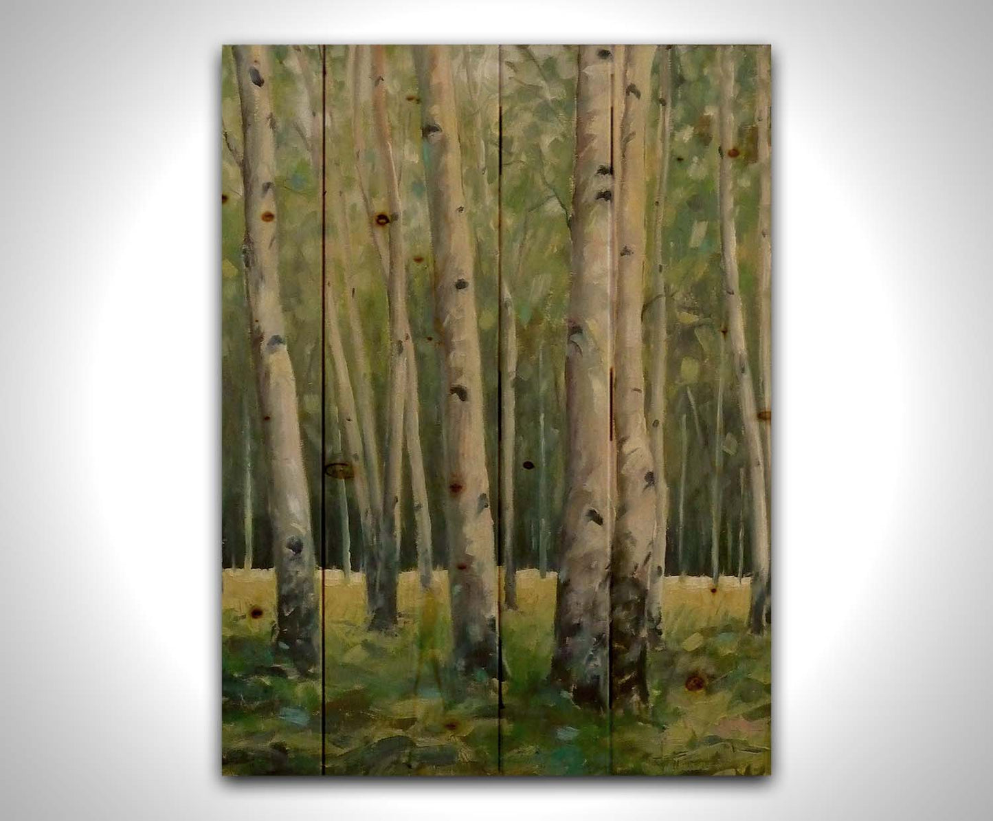 A soft painting of a green forest. Pale brown trunks scatter across the landscape, filling the space with bark and leaves. Printed on a wood pallet.