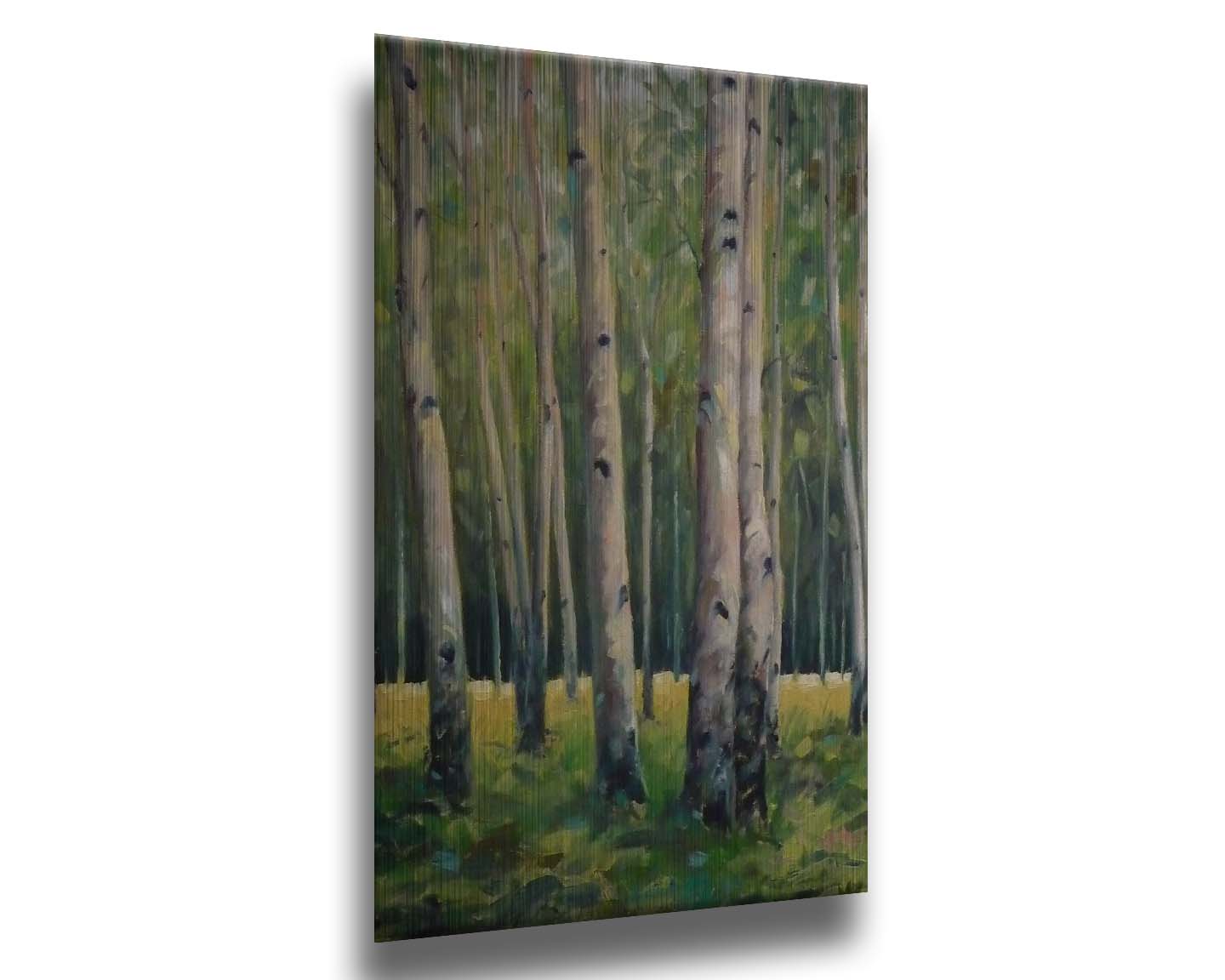 A soft painting of a green forest. Pale brown trunks scatter across the landscape, filling the space with bark and leaves. Printed on metal.