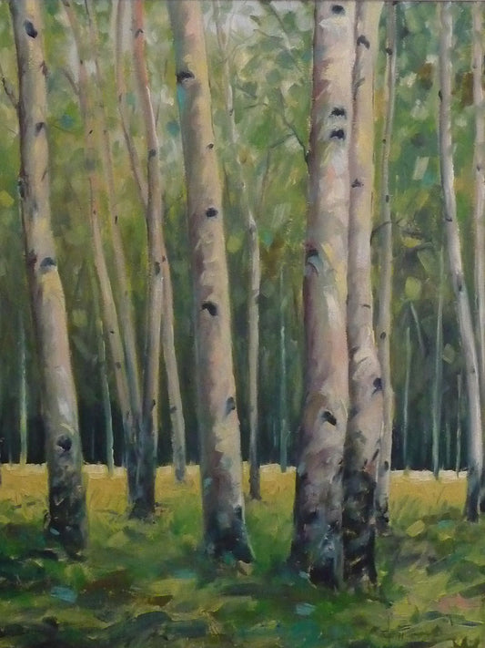 A soft painting of a green forest. Pale brown trunks scatter across the landscape, filling the space with bark and leaves.