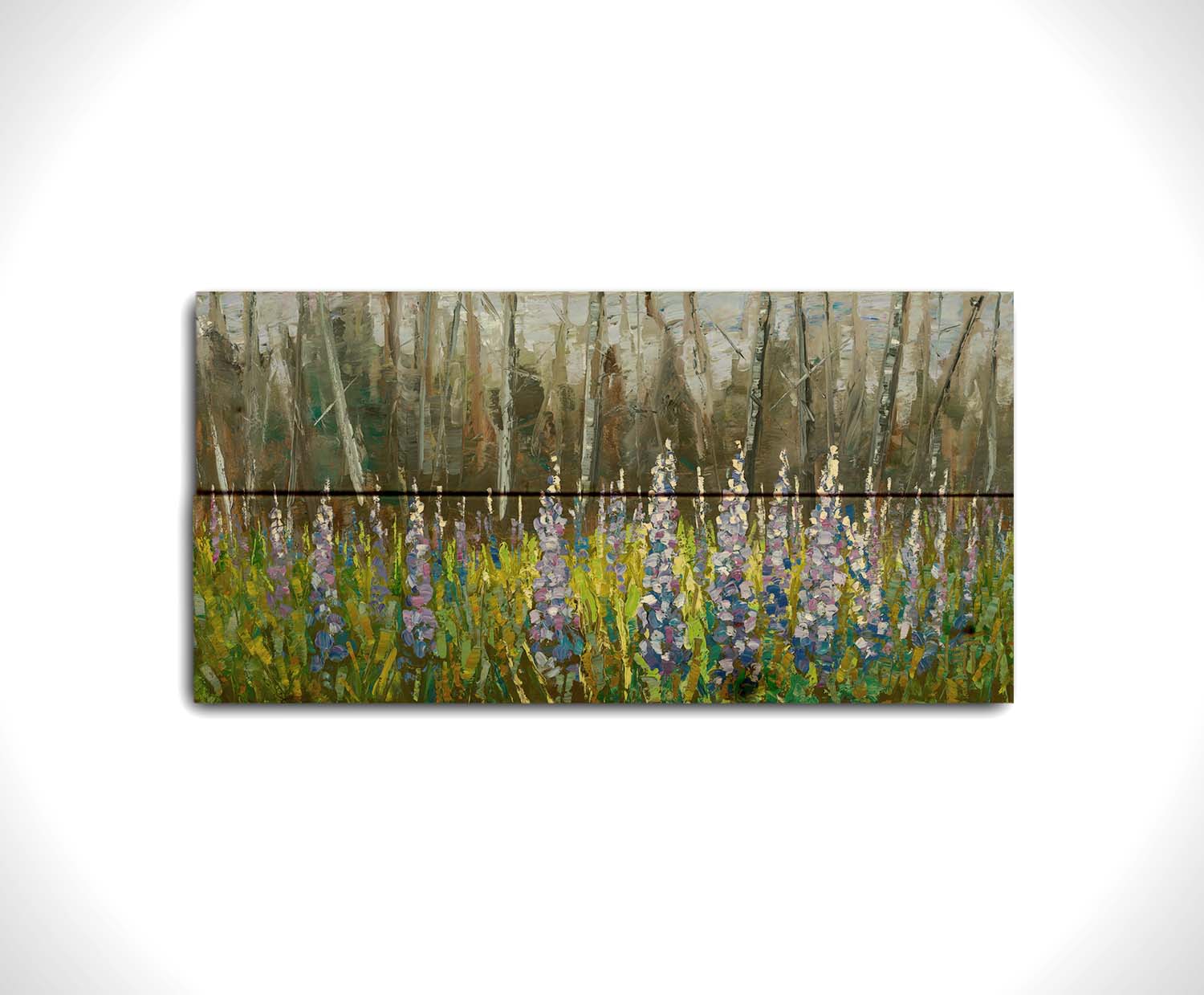 A painting of a field of blue and purple lupine flowers in a green field, backed by a forest. Printed on a wood pallet.