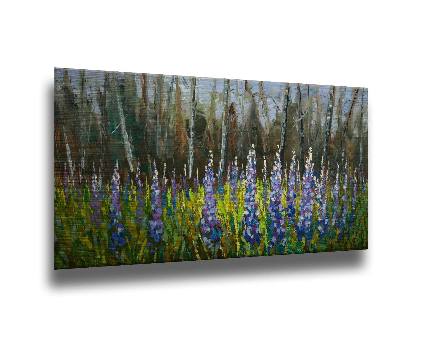 A painting of a field of blue and purple lupine flowers in a green field, backed by a forest. Printed on metal.