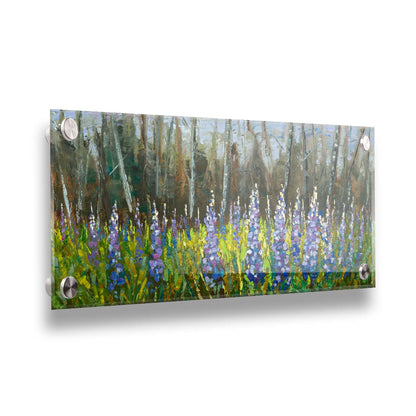 A painting of a field of blue and purple lupine flowers in a green field, backed by a forest. Printed on acrylic.