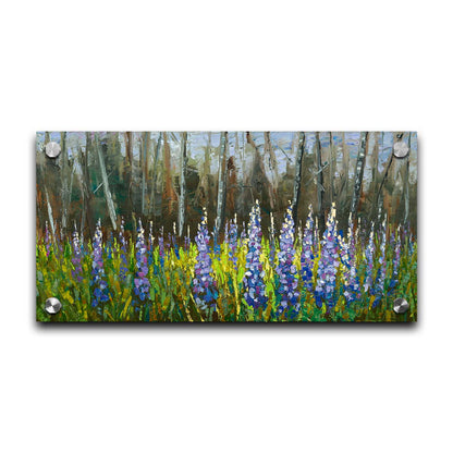 A painting of a field of blue and purple lupine flowers in a green field, backed by a forest. Printed on acrylic.