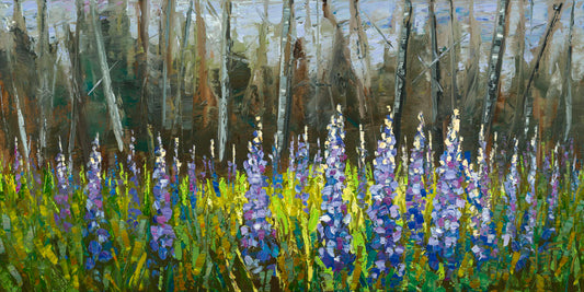 A painting of a field of blue and purple lupine flowers in a green field, backed by a forest.