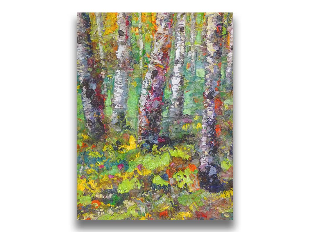 An expressive impasto painting of a birch forest in a bright, colorful scene. Printed on canvas.