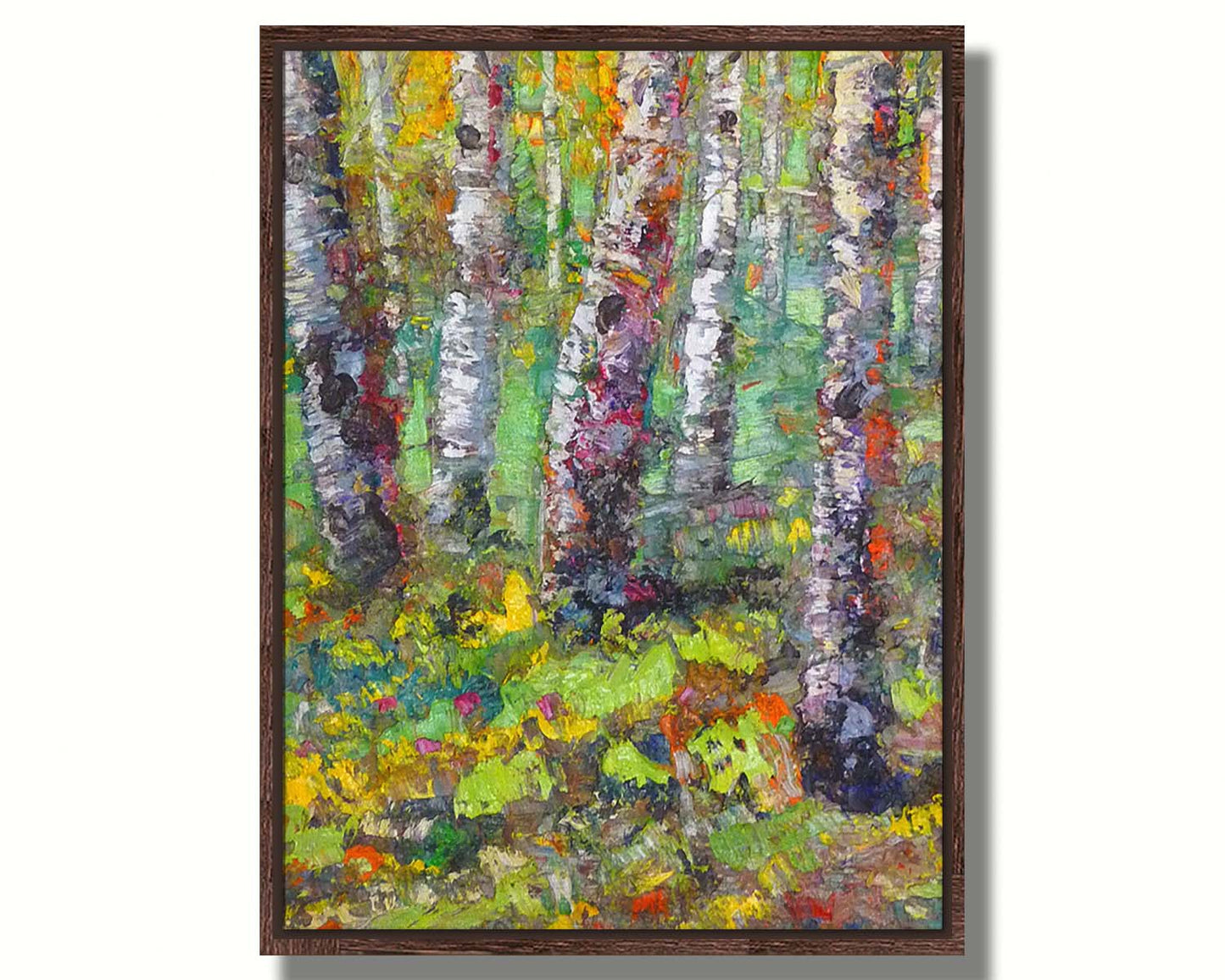 An expressive impasto painting of a birch forest in a bright, colorful scene. Printed on canvas in a float frame.