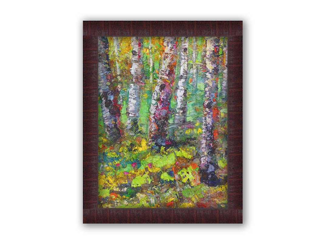 An expressive impasto painting of a birch forest in a bright, colorful scene. Printed on canvas and framed.