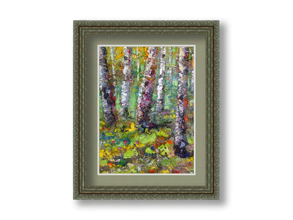 An expressive impasto painting of a birch forest in a bright, colorful scene. Printed on paper, matted, and framed.