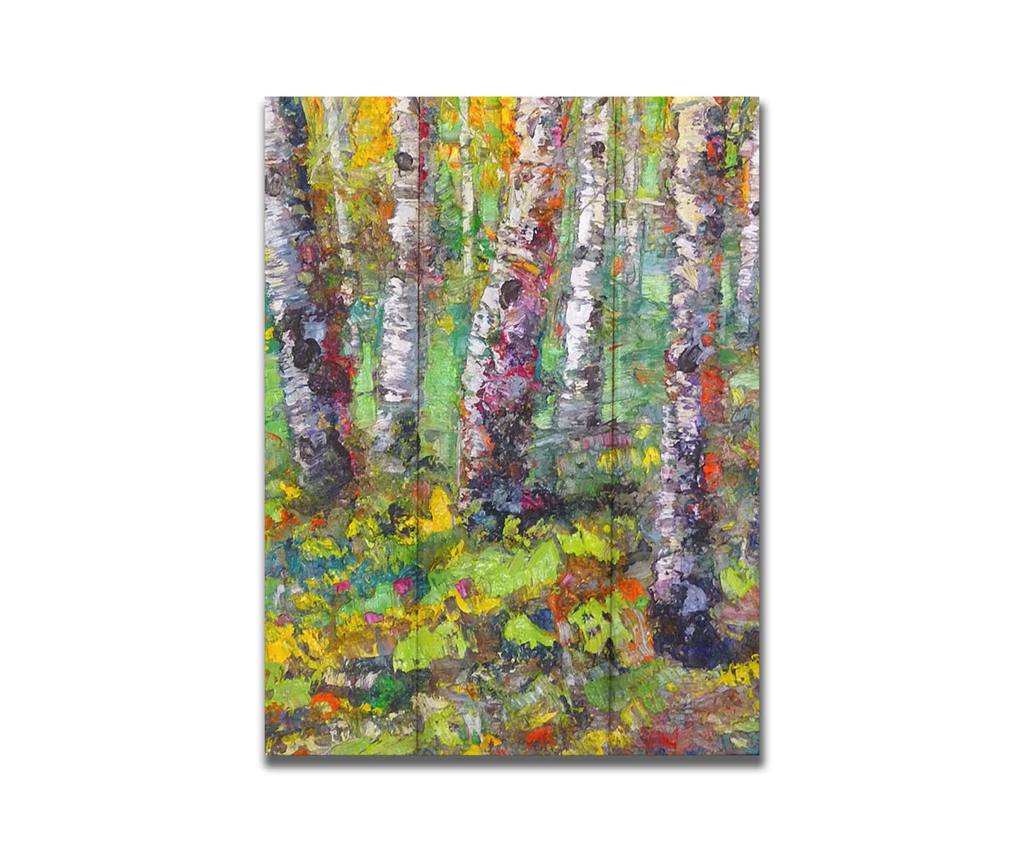 An expressive impasto painting of a birch forest in a bright, colorful scene. Printed on a box board.