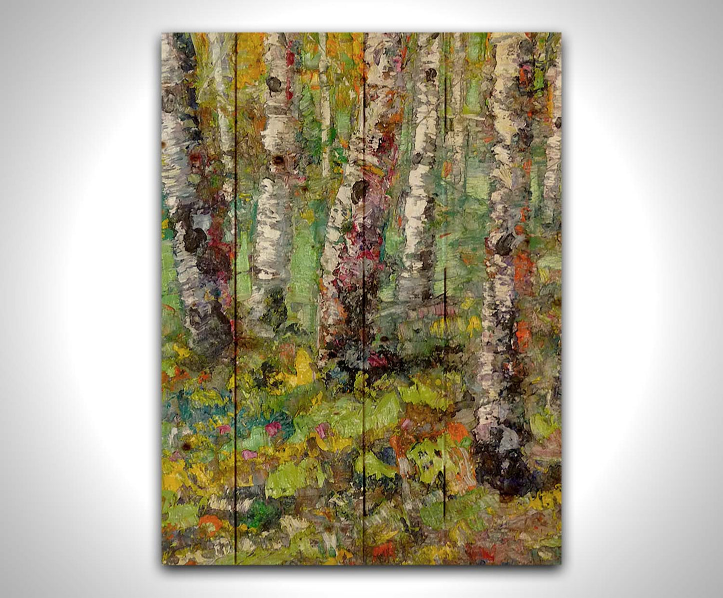 An expressive impasto painting of a birch forest in a bright, colorful scene. Printed on a wood pallet.