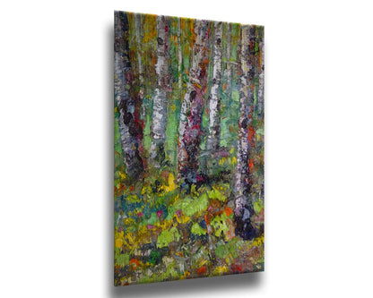 An expressive impasto painting of a birch forest in a bright, colorful scene. Printed on metal.