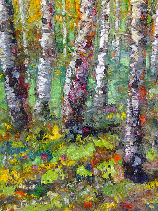 An expressive impasto painting of a birch forest in a bright, colorful scene. 