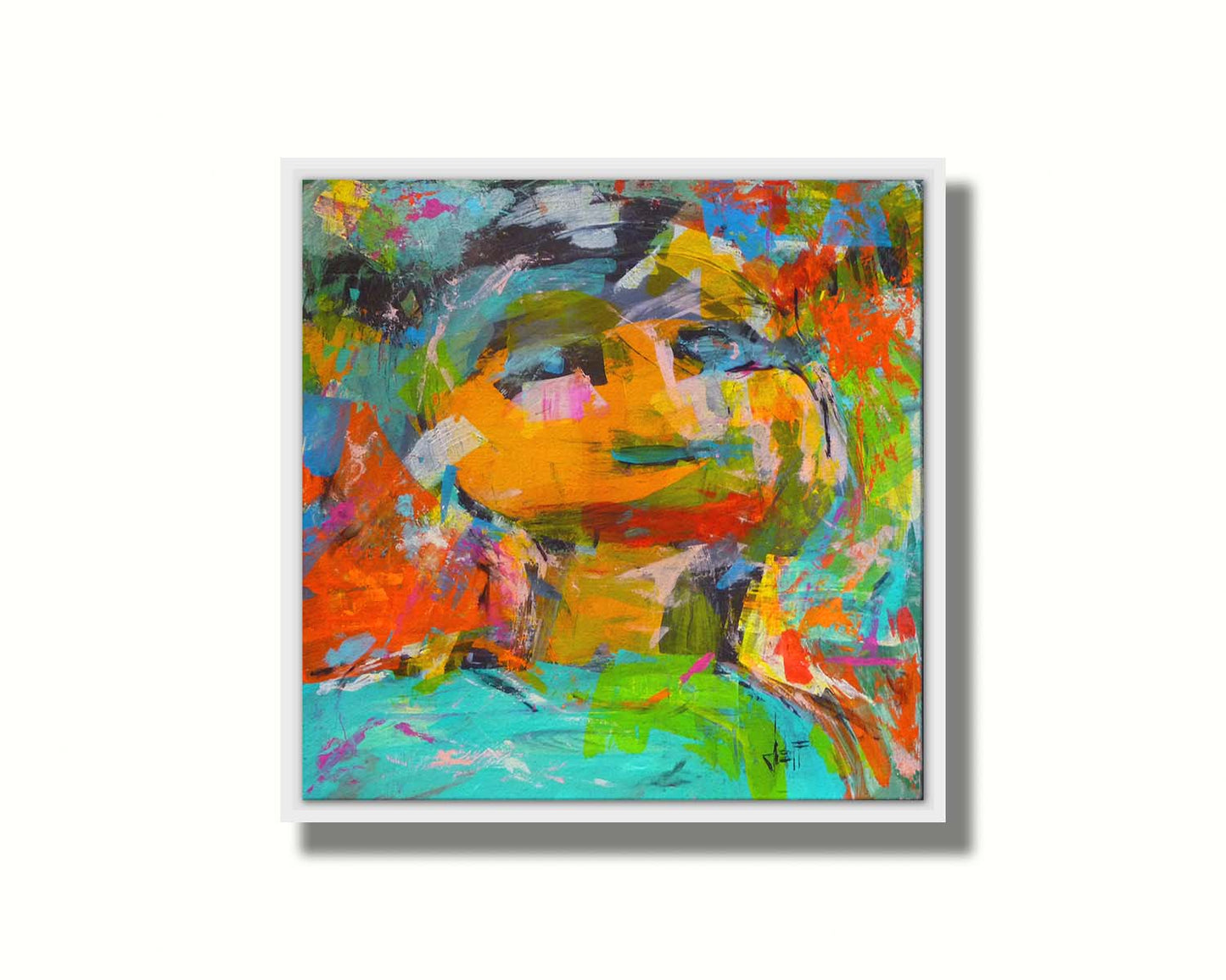 An expressive, abstracted painting of a figure. The lively colors and sporadic brushstrokes create a sense of motion within the composition. Printed on canvas in a float frame.