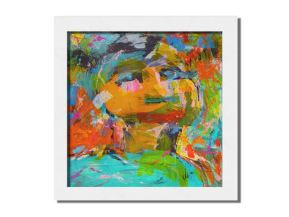 An expressive, abstracted painting of a figure. The lively colors and sporadic brushstrokes create a sense of motion within the composition. Printed on canvas and framed.