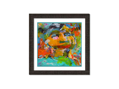 An expressive, abstracted painting of a figure. The lively colors and sporadic brushstrokes create a sense of motion within the composition. Printed on paper, matted, and framed.