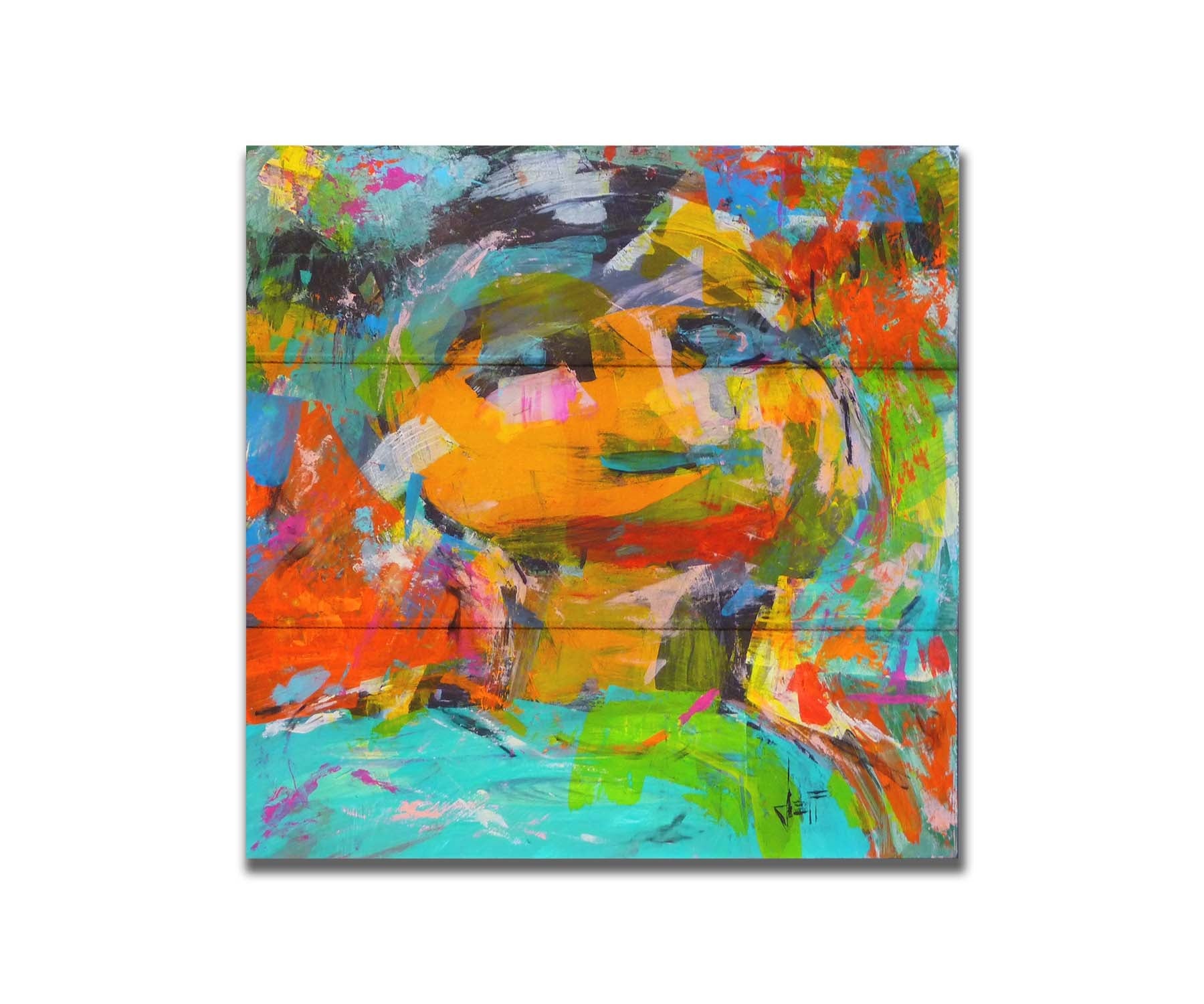 An expressive, abstracted painting of a figure. The lively colors and sporadic brushstrokes create a sense of motion within the composition. Printed on a box board.