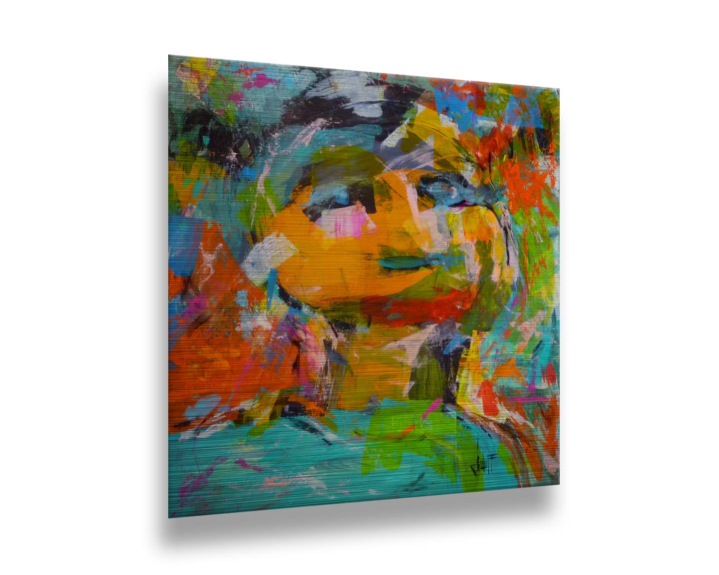 An expressive, abstracted painting of a figure. The lively colors and sporadic brushstrokes create a sense of motion within the composition. Printed on metal.