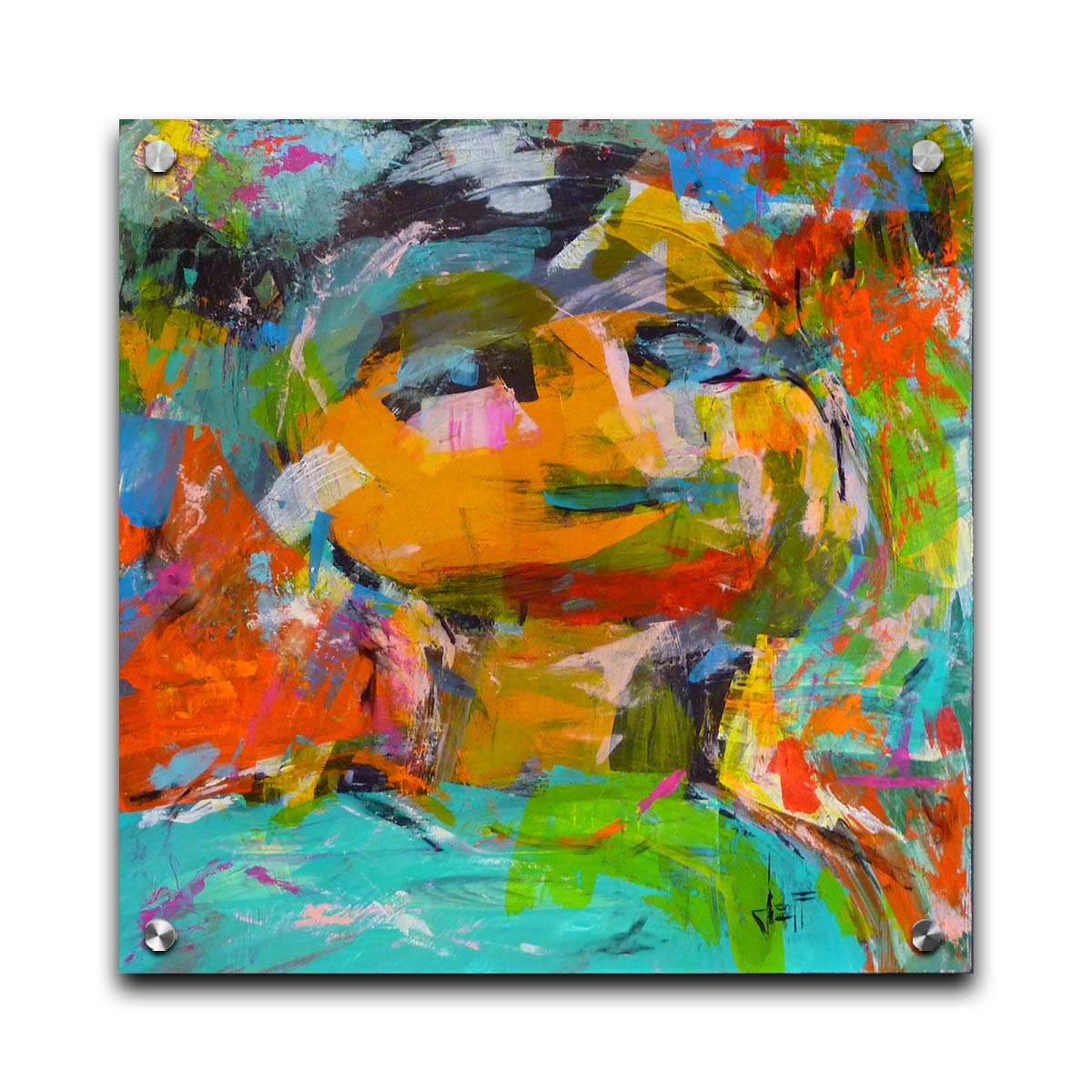 An expressive, abstracted painting of a figure. The lively colors and sporadic brushstrokes create a sense of motion within the composition. Printed on acrylic.