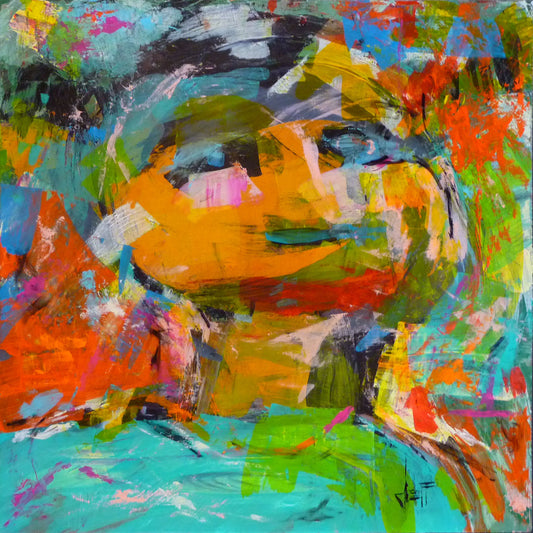 An expressive, abstracted painting of a figure. The lively colors and sporadic brushstrokes create a sense of motion within the composition.