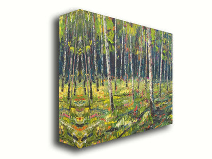 A textured painting with visible brushstrokes of a bright, green birch or aspen forest. Printed on canvas.