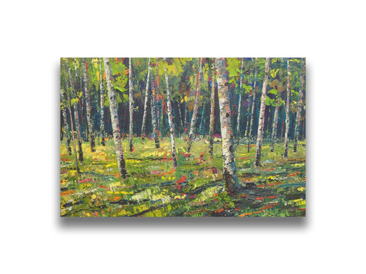 A textured painting with visible brushstrokes of a bright, green birch or aspen forest. Printed on canvas.