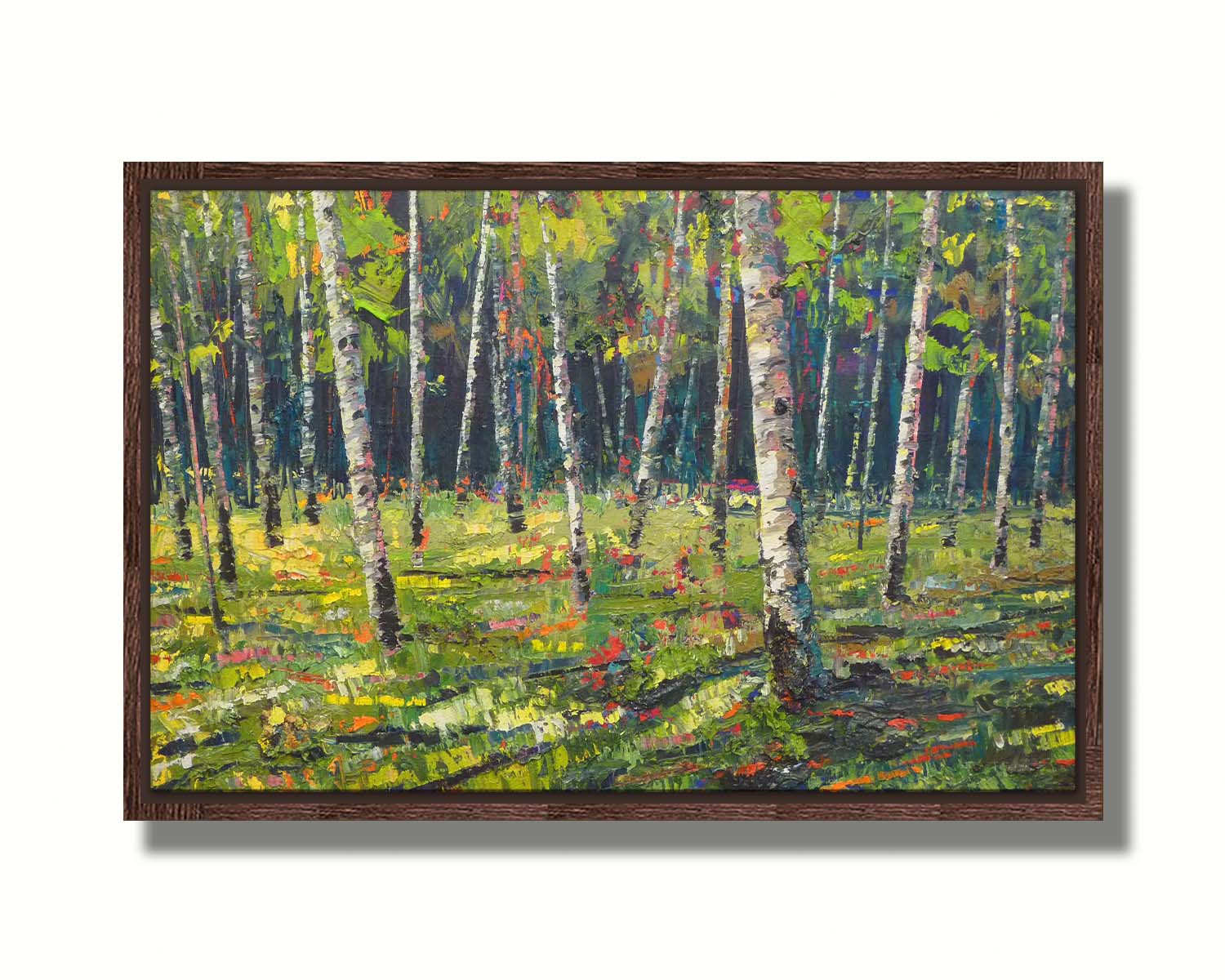 A textured painting with visible brushstrokes of a bright, green birch or aspen forest. Printed on canvas in a float frame.