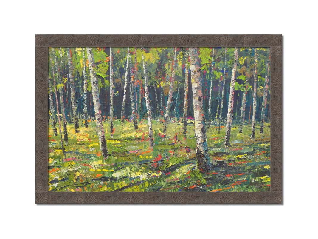 A textured painting with visible brushstrokes of a bright, green birch or aspen forest. Printed on canvas and framed.