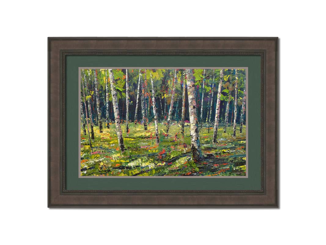 A textured painting with visible brushstrokes of a bright, green birch or aspen forest. Printed on paper, matted, and framed.