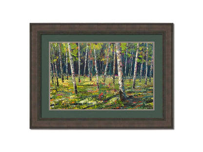 A textured painting with visible brushstrokes of a bright, green birch or aspen forest. Printed on paper, matted, and framed.