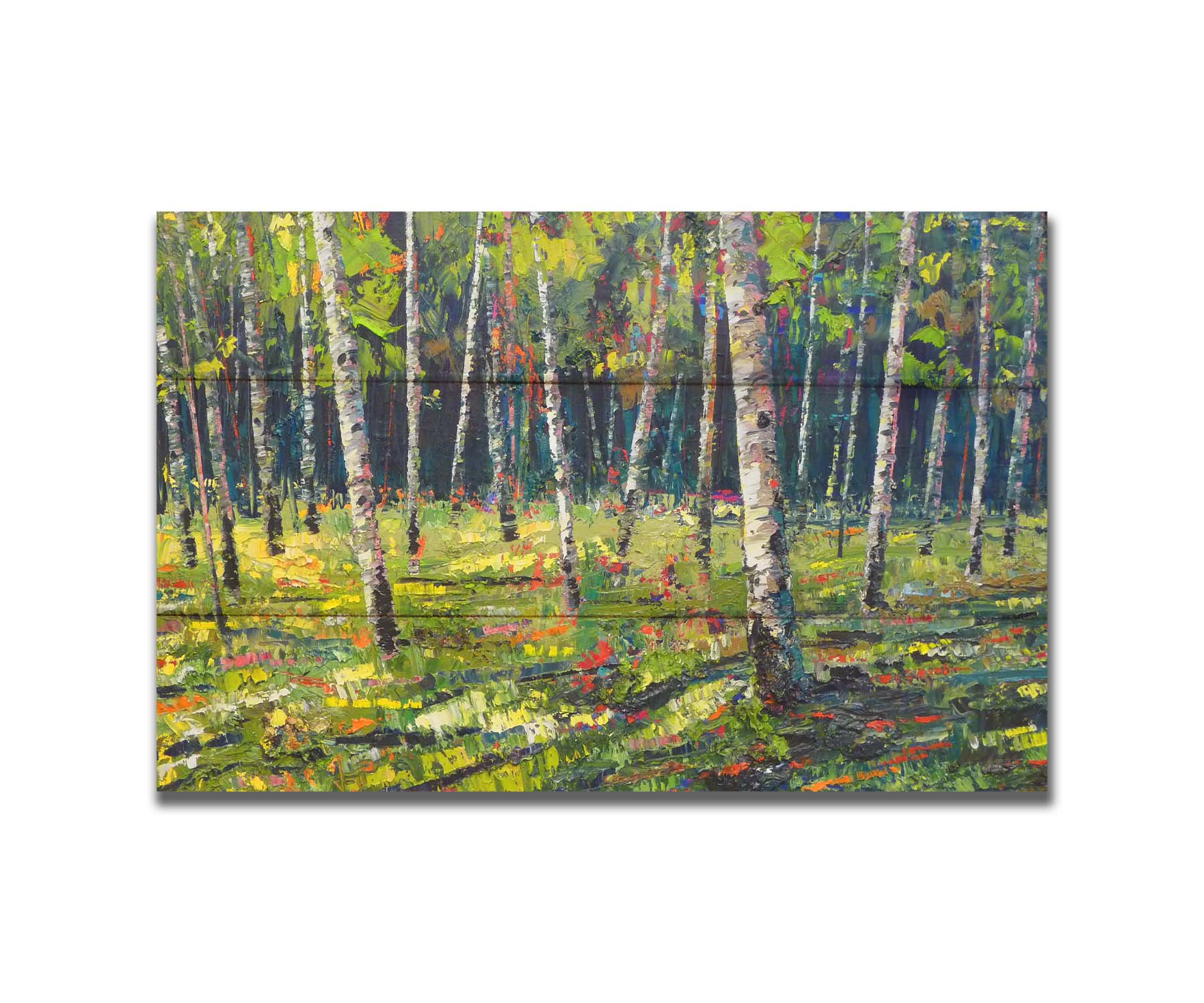 A textured painting with visible brushstrokes of a bright, green birch or aspen forest. Printed on a box board.