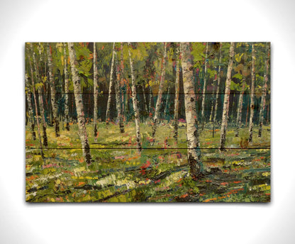 A textured painting with visible brushstrokes of a bright, green birch or aspen forest. Printed on a wood pallet.