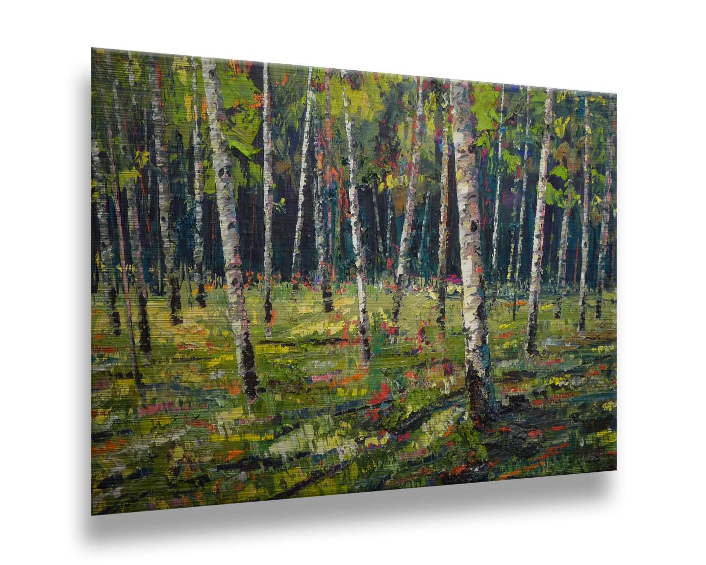 A textured painting with visible brushstrokes of a bright, green birch or aspen forest. Printed on metal.