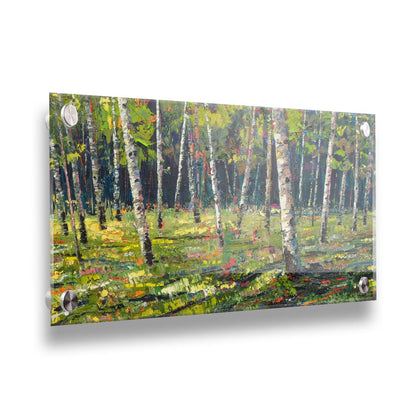 A textured painting with visible brushstrokes of a bright, green birch or aspen forest. Printed on acrylic.