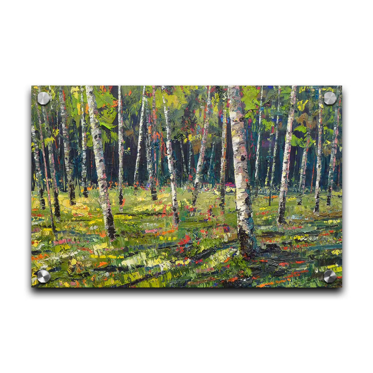 A textured painting with visible brushstrokes of a bright, green birch or aspen forest. Printed on acrylic.